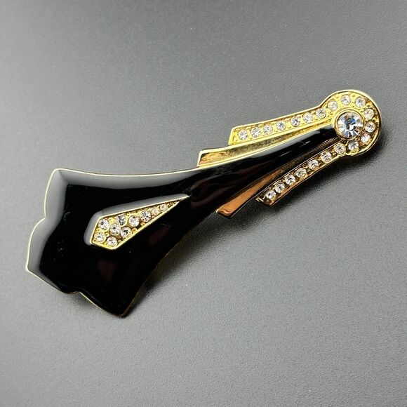 Vintage Art Deco Style Gold-Tone Brooch w Sparkly Rhinestones Black Enamel 3.2" - Picture 1 of 9